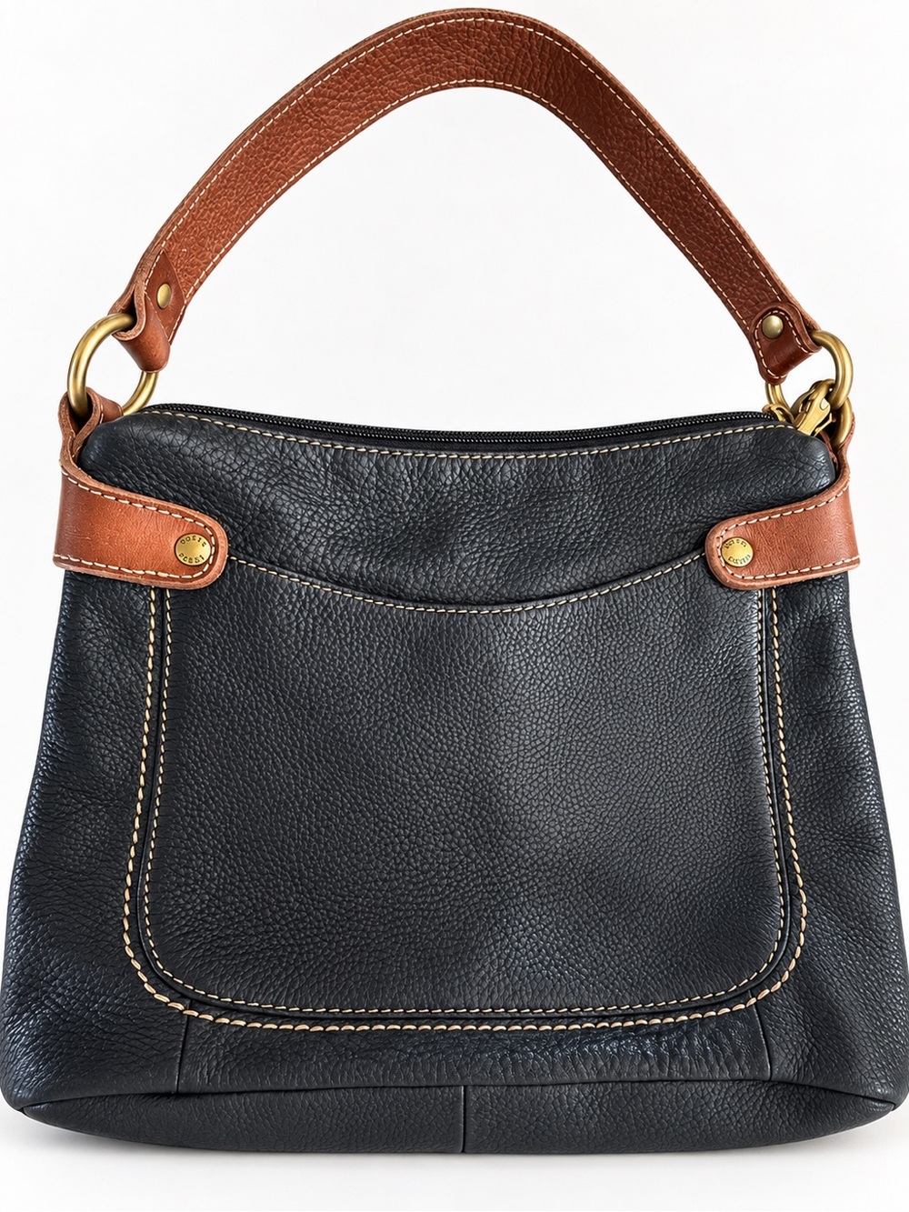 Fossil Black Pebbled Leather Hobo with Brown Trim